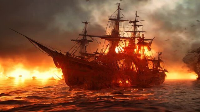 An ocean battle from the 16th century between sailing ships and galleons, in which pirate boats are fighting and burning due to gunfire from cannons.
