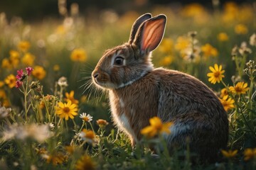 Fototapeta premium A rabbit sitting in a field of wildflowers, basking in the warm sunlight