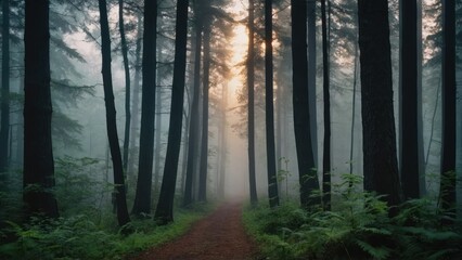 Capture the ethereal beauty of a foggy morning in a misty forest