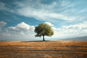 Single tree standing in the middle of a barren landscape under a clear sky, representing isolation and resilience, Concept of solitude and strength in nature
