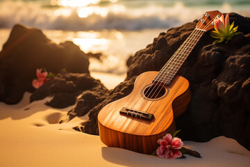 Serene beach sunset with ukulele