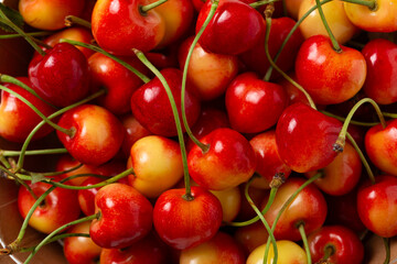 Overhead view of ripe cherry food background