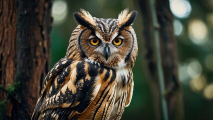 Fototapeta premium Capture the inquisitive gaze of a wise old owl perched on a tree branch