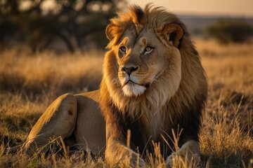 Obraz premium the majesty of a lion basking in the golden light of the savanna