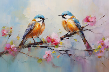 Birds sit on the branches of blooming spring trees. Oil painting in impressionism style. Generative AI.
