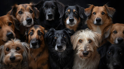 dogs of different breeds and ages happily gathered together