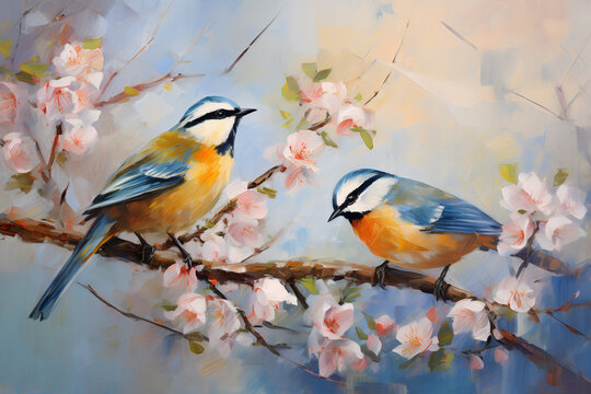 Birds sit on the branches of blooming spring trees. Oil painting in impressionism style. Generative AI.