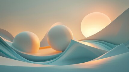 A serene, surreal landscape depicting smooth, flowing shapes and spheres, bathed in the warm glow...