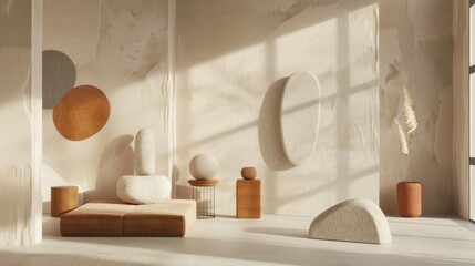 Sun-drenched minimalist interior featuring organic shapes and natural materials, creating a harmonious and peaceful living space.
