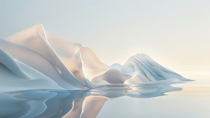A tranquil digital artwork presenting undulating white fabric shapes mirrored in still water,...