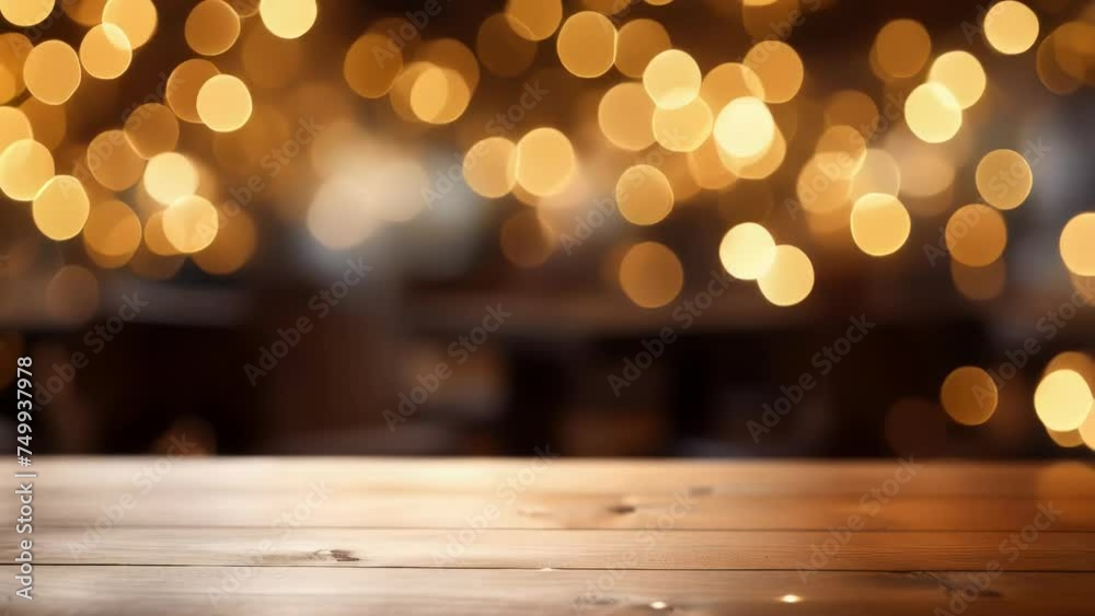 Poster A wooden table with blurry lights in the background. Suitable for various design projects.