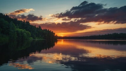 Fototapeta premium a tranquil sunset over a calm lake with reflections of the sky