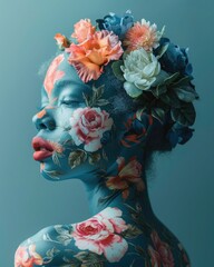 Creative portrait of a girl. Flowers are painted on her face and body in the style of Flemish painting. On a plain blue background.
