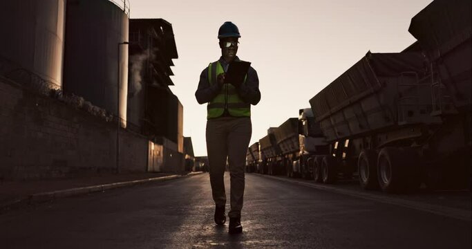 Tablet, factory and inspection with engineer man outdoor in morning for manufacturing or production. Technology, construction or industry and person walking at plant or warehouse with checklist