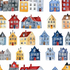 Watercolor painted houses on white background
