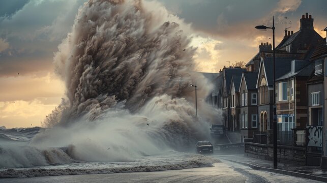Tsunami Devastation: Massive Wave Engulfs Coastal Town, Destroying Buildings & Vehicles - Dramatic Stock Photo for Disaster Preparedness & News Media