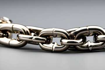 Fototapeta premium Steel chain on grey background with blank space for text writing, closeup image 