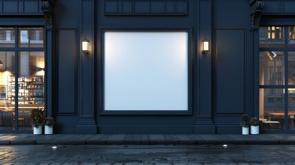 An empty frame hangs on the dark blue facade of a windowed cafe, adding character to the exterior.