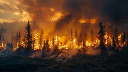 Nature's Fury: Wildfire Blazes Through Forest, Flames Reach for the Sky. A Sobering Reminder of Nature's Power