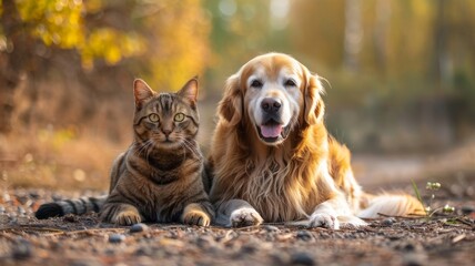 Dogs and cats live side by side peacefully. Shows a harmonious friendship.