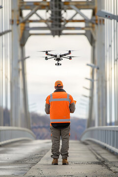 Engineers with remote controllers, drones inspecting bridges, utilizing advanced technology for infrastructure assessments and maintenance.