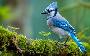 Blue Jay Resting on Lush Moss