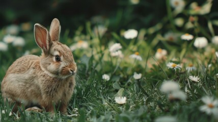 Fototapeta premium A brown rabbit sits on the grass, enjoying its surroundings.