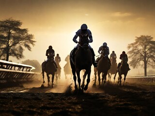 horse racing silhouette, sunset background. scene for poster, web, social media. generative ai