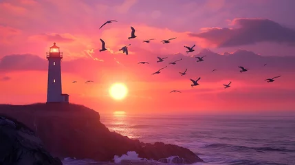Tuinposter Seagulls flying over a lighthouse at sunset, with copy space © MuhammadInaam