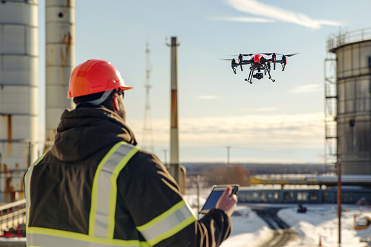 Technical team operates drones above industrial site, detailed inspection reports, ensuring safety compliance.