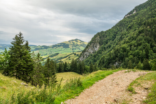 Hiking trail in the Appenzell mountains in Switzerland. Apine mountains in the background. Alpine trees on the slopes. Beautiful Alpine landschape in Switzerland. Cloudy summer day.