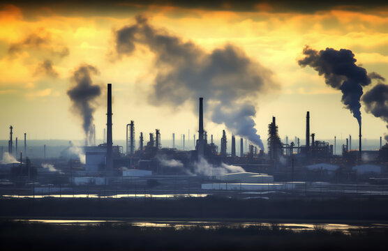 Oil refinery plant. Processing factory. Oil crude and gas refineries. Louisiana petrochemical plant Smoking chimneys. Toxic Smoke, Air Pollution, CO2 Crisis. Carbon dioxide emissions. Carbide plant.