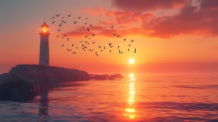 Seagulls flying over a lighthouse at sunset, with copy space © MuhammadInaam