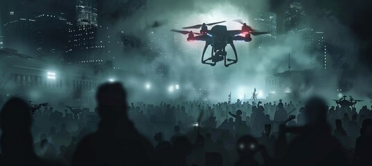 A powerful image illustrating a future teeming with drones surveilling a large crowd in an urban environment, evoking thoughts about privacy and security