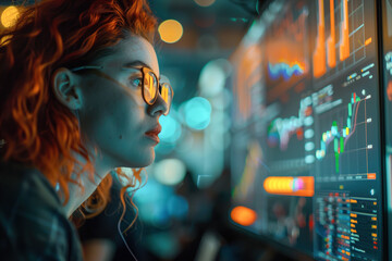 Cryptocurrency traders scrutinize charts, analyzing market in a bustling trading room, strategizing amidst screens and data. - obrazy, fototapety, plakaty