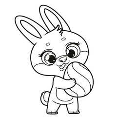 Cute cartoon bunny carries a large beautiful Easter egg in his paws outlined for coloring