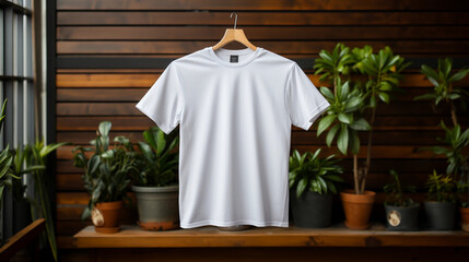 White standard-size men's casual T-shirt mockup with studio light hanging on a coat hanger in the interior with plants and the natural wooden wall on the background 