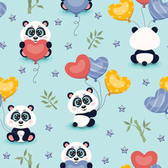 Seamless pattern with cute pandas and colourful balloons. Vector illustration.