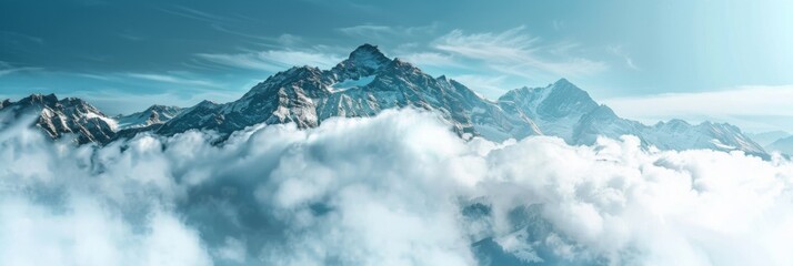 Banner Alpine mountains and the sky in the clouds copyspace --ar 3:1 Job ID: ef3e56f2-53b6-4331-8ab0-aa1312dca7ca