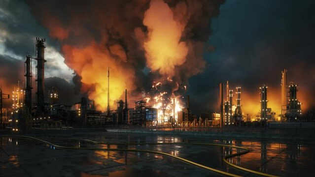 Oil refinery factory is burning. Fire on oil refinery
