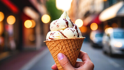 A woman's hand holds a waffle cone with ice cream on a blurred background.