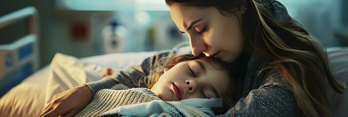Mother consoles her sick daughter at the hospital recovering daughter and hugs her mother with love in the hospital - obrazy, fototapety, plakaty