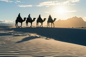 Silhouette people riding camels in desert native tuareg arabic african person Sahara wildlife tourist attraction Dubai arab tour sunset caravan adventure long journey tour dune sun Bible story Quran