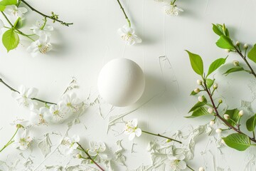 Obraz na płótnie Canvas A pristine white egg surrounded by delicate cherry blossoms on a textured white surface, symbolizing new beginnings and purity