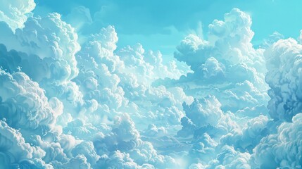 An expansive digital artwork of fluffy clouds filling a sky with shades of light blue presents a serene and dreamlike vista, resembling a peaceful daydream - obrazy, fototapety, plakaty