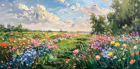 This impressionist painting captures a vibrant meadow with a multitude of colorful flowers under a sky with drifting clouds, delivering a sense of nature’s beauty - obrazy, fototapety, plakaty