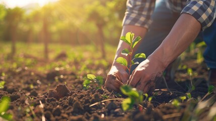 Hands nurturing a young plant in fertile soil under sunlight - obrazy, fototapety, plakaty