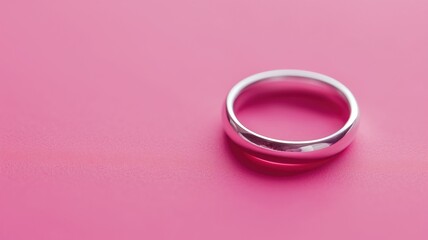 A simple silver ring on a pink surface with soft shadow