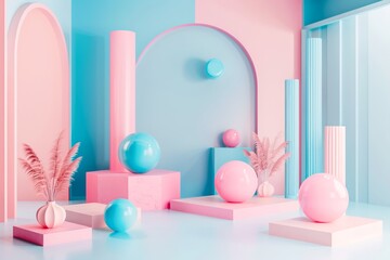 A 3D rendered scene with pastel-colored geometric shapes, arches, and spheres in a whimsical arrangement