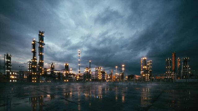 Oil refinery terminal. Power energy industry. Oil refinery factory with electric lights. Gas and oil refinery industrial complex with pipelines